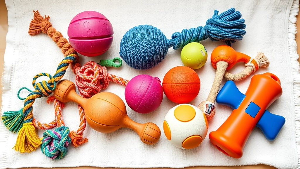 how to clean dog toys -
Photorealistic image of various dog toys including rope toys, rubber balls, and