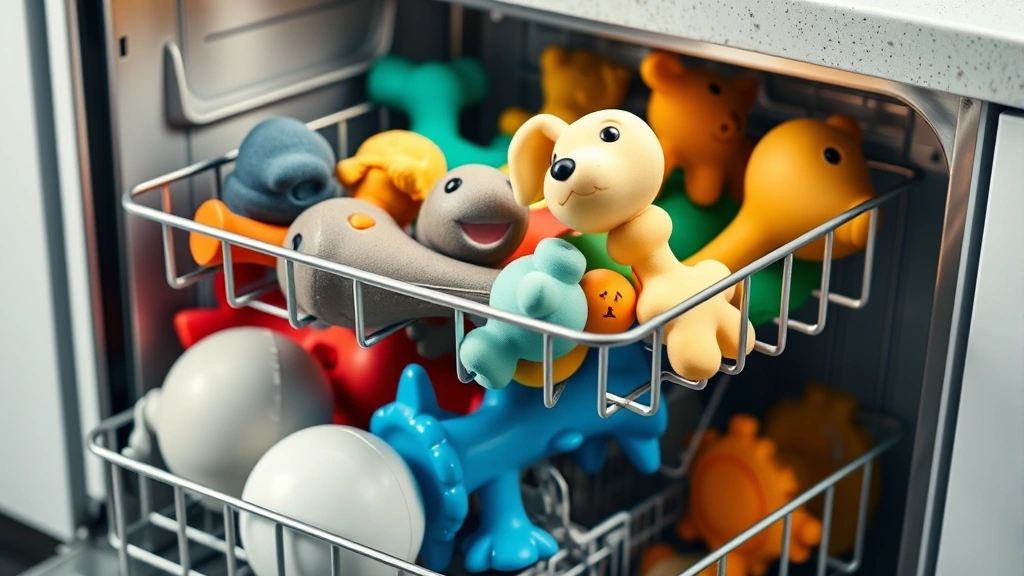 how to clean dog toys -
Photorealistic image of dog toys being loaded into the top rack of an open dish