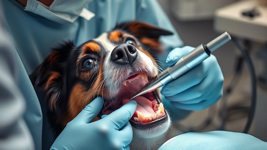 how to clean tartar off dog's teeth -
Photorealistic image of a veterinarian performing professional ultrasonic denta