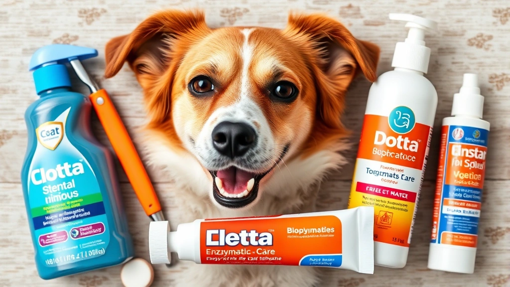 how to clean tartar off dog's teeth -
Photorealistic flat lay of dog dental care products including enzymatic toothpa