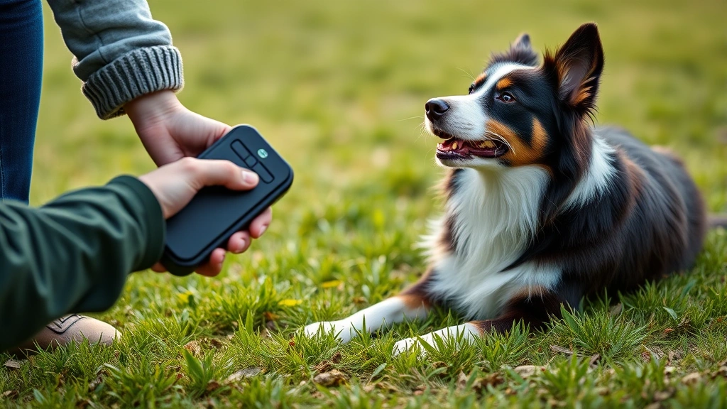 how to clicker train a dog -
Photorealistic image of a dog owner’s hand clicking a training clicker wh