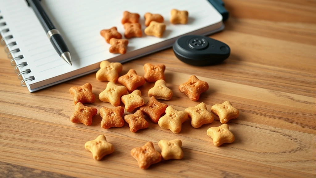 how to clicker train a dog -
Photorealistic photo of various small training treats and a clicker on a wooden