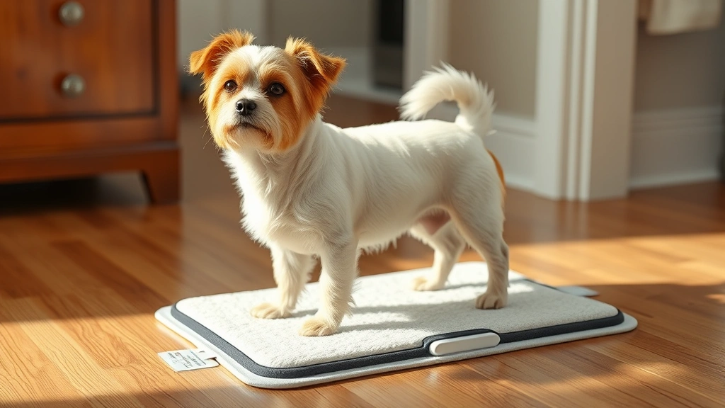 how to collect urine sample from dog -
Photorealistic image of a small dog standing on an absorbent collection pad ind