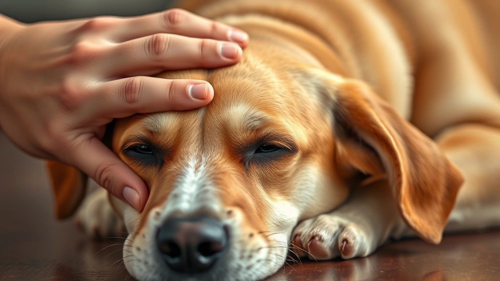 how to comfort a dog with kidney failure -
Photorealistic image of a caring hand gently petting a resting dog’s head