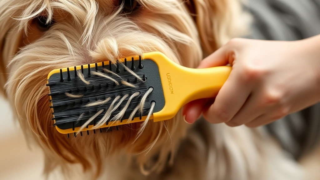 how to control a dog's shedding -
Close-up of hands using an undercoat rake brush on a double-coated dog’s 