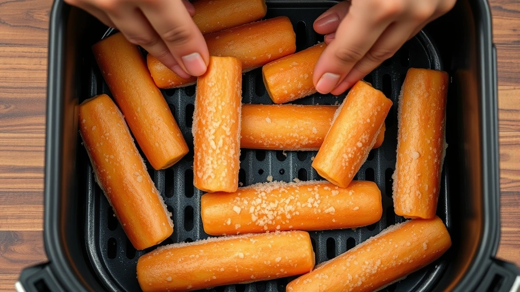 how to cook corn dogs in air fryer -
Photorealistic image of hands carefully arranging frozen corn dogs in an air fr