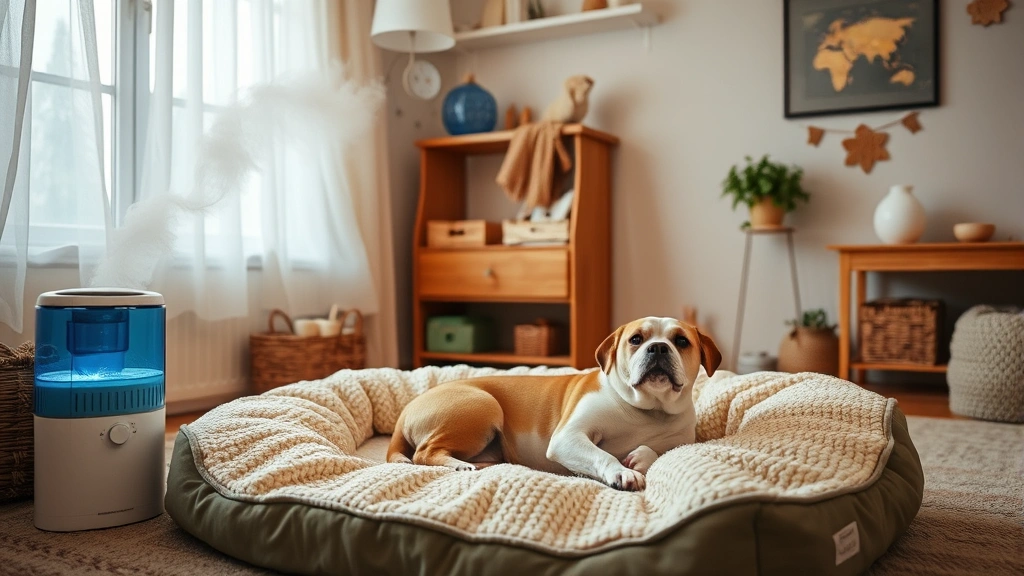 how to cure dry skin on dogs -
A humidifier running in a cozy dog bedroom with a comfortable dog bed
