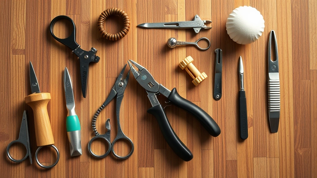 how to cut dogs nails to make them less sharp -
Photorealistic overhead view of dog nail care supplies laid out neatly includin