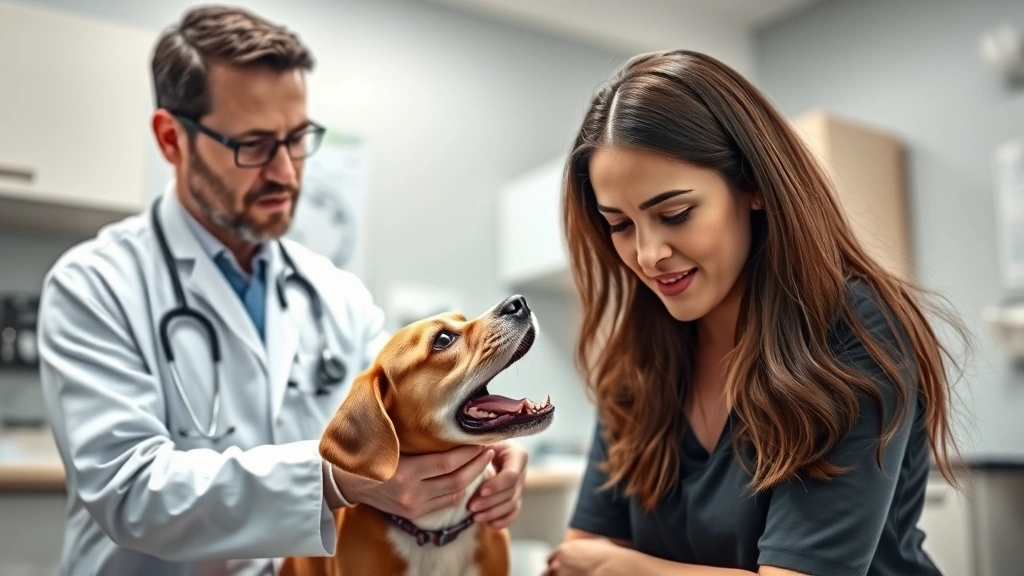 how to do the heimlich on a dog -
Photorealistic image of a concerned dog owner at a veterinary clinic with a vet