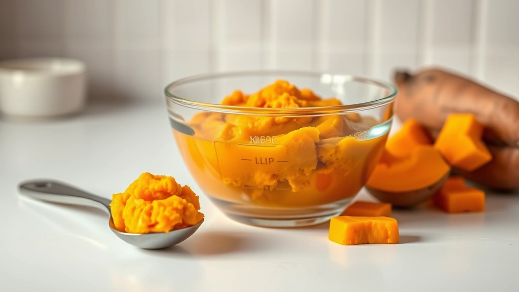 how to firm up dog poop -
Photorealistic image of fresh pumpkin puree in a glass bowl next to a measuring