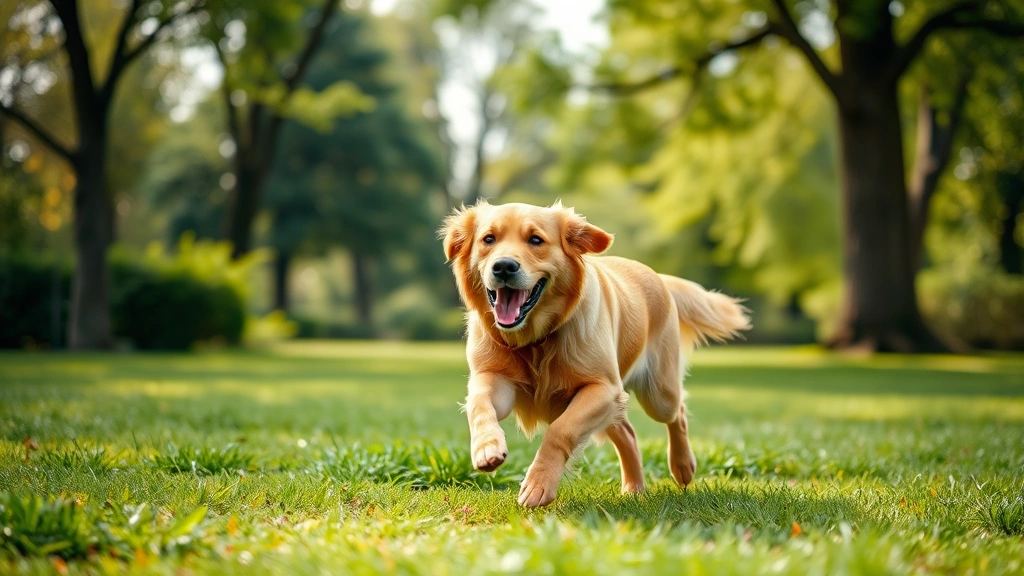 how to firm up dog poop -
Photorealistic image of a happy golden retriever running through a green park d