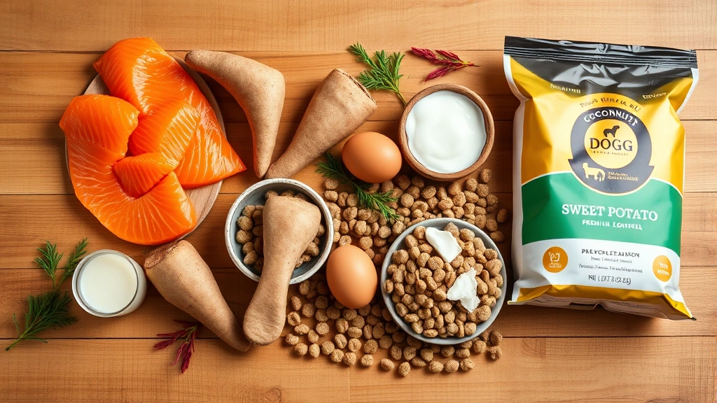 how to get a dog to gain weight -
Photorealistic image of various dog food ingredients laid out on a wooden surfa