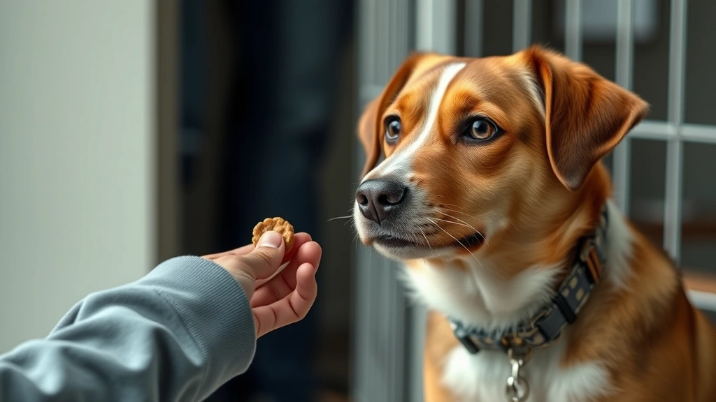 how to get a dog to like you -
Photorealistic image of a person offering a small treat to a nervous shelter do