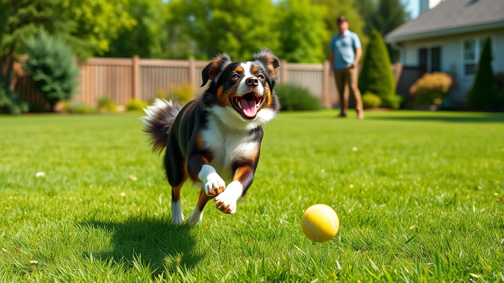 how to get a dog to quit digging -
Photorealistic image of an energetic border collie playing fetch with a tennis 