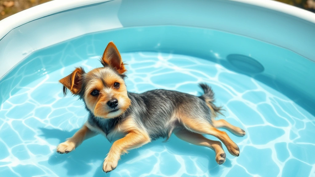 how to get a dog to quit digging -
Photorealistic image of a small terrier relaxing in a shallow kiddie pool fille
