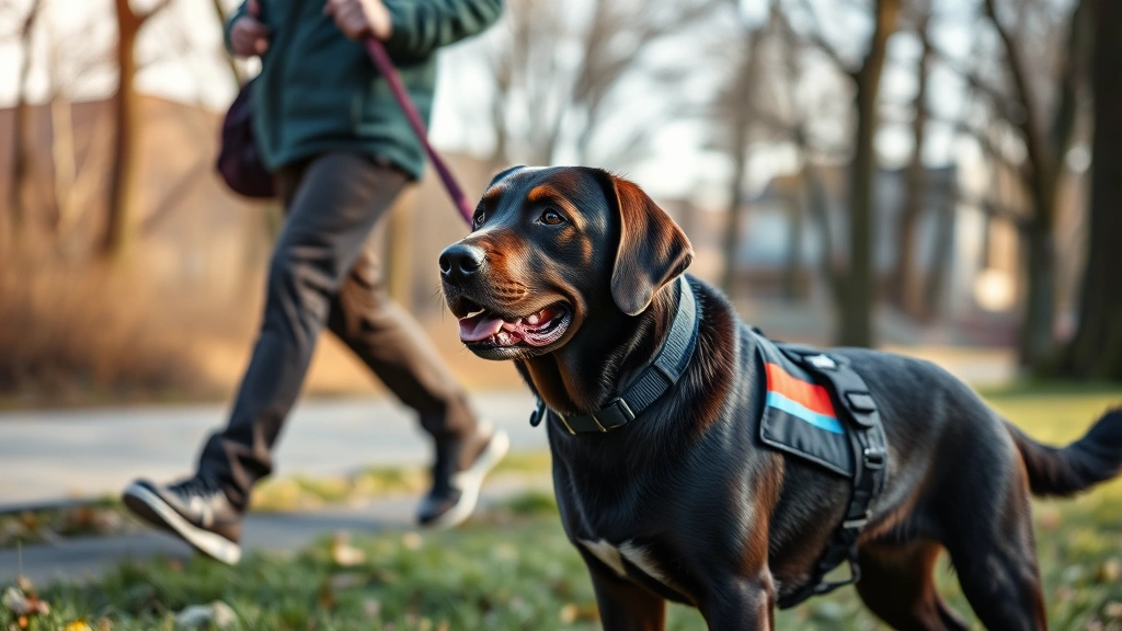 how to get a free service dog for epilepsy -
Photorealistic style: Labrador Retriever service dog alert and focused on handl