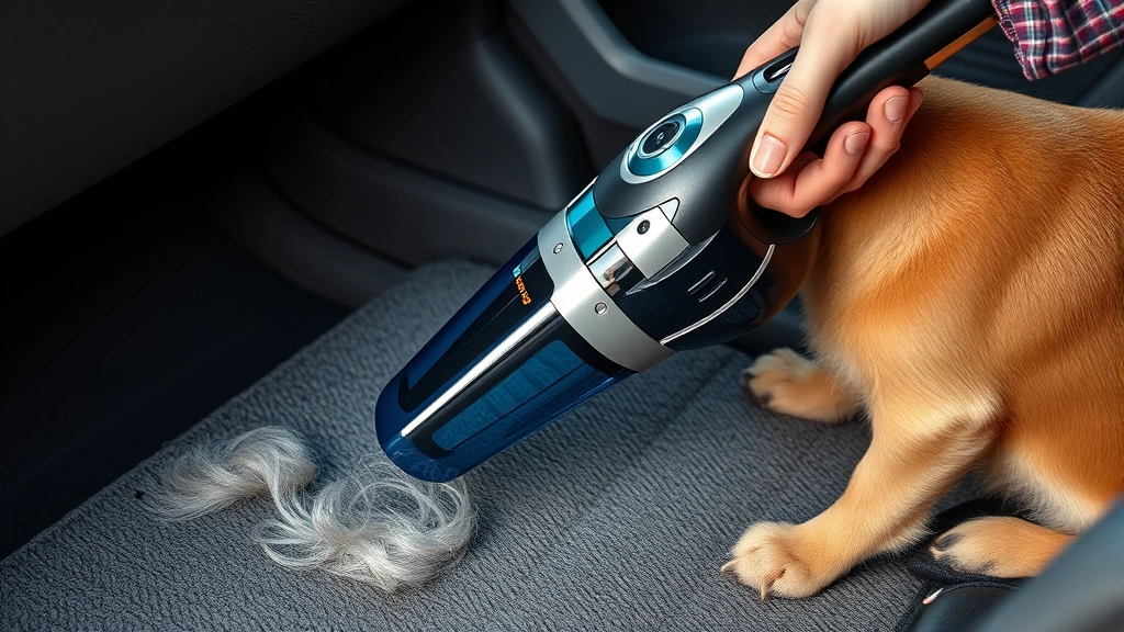 how to get dog hair out of car carpet -
Photorealistic image of a pet-specific handheld vacuum cleaning dog hair from c