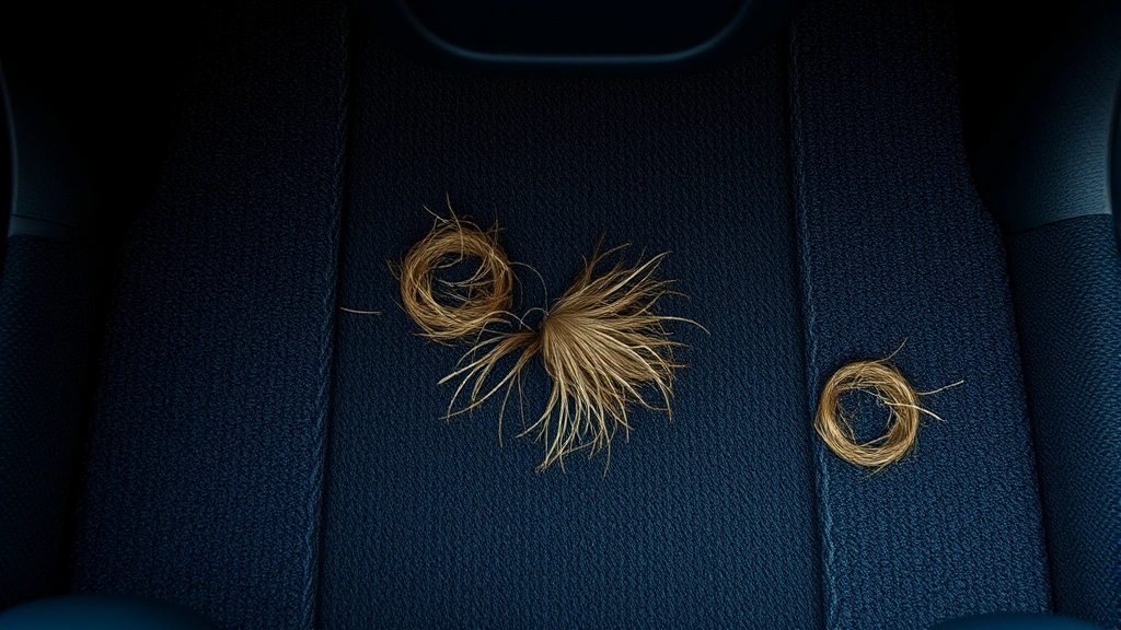 how to get dog hair out of car carpet -
Photorealistic overhead view of a car interior with visible dog hair embedded i
