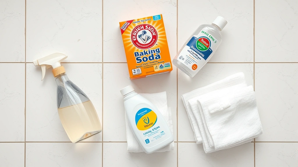 how to get dog puke out of carpet -
Overhead view of cleaning supplies arranged on a white tile floor including a s