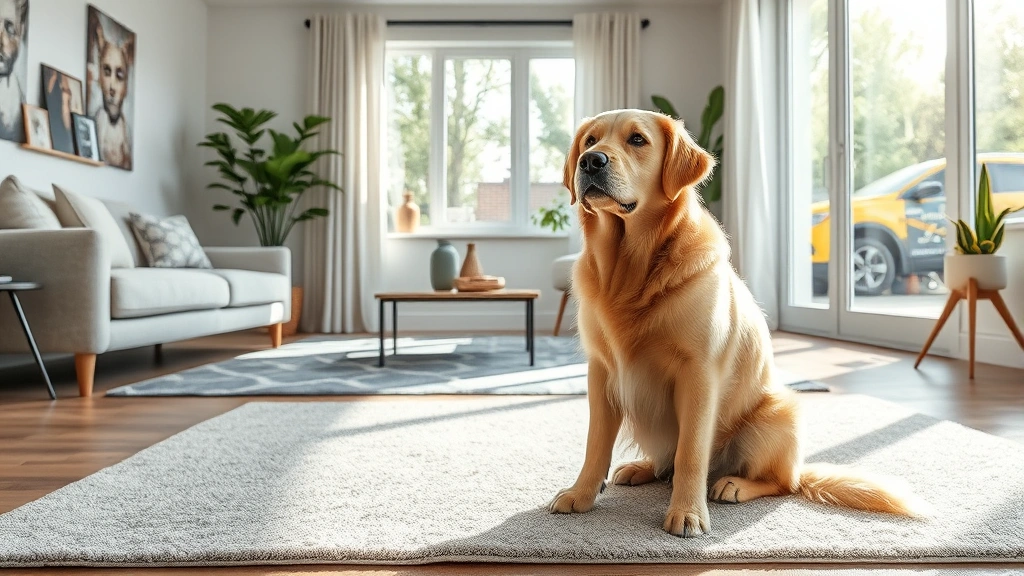 how to get dog smell out of rug -
Photorealistic image of a golden retriever sitting on a fresh, clean gray area 