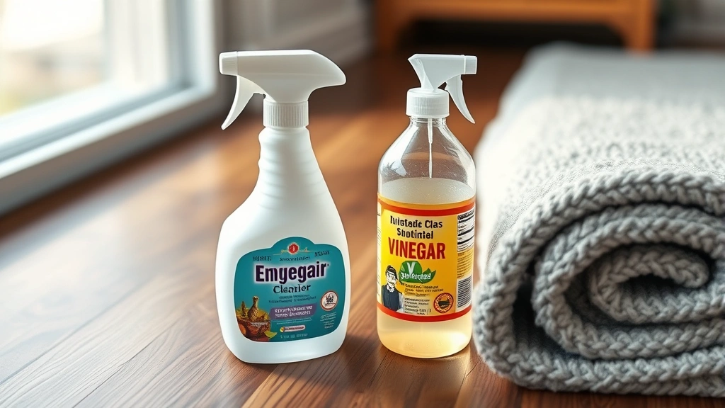 how to get dog smell out of rug -
Photorealistic photo of enzymatic cleaner bottle next to a spray bottle of vine