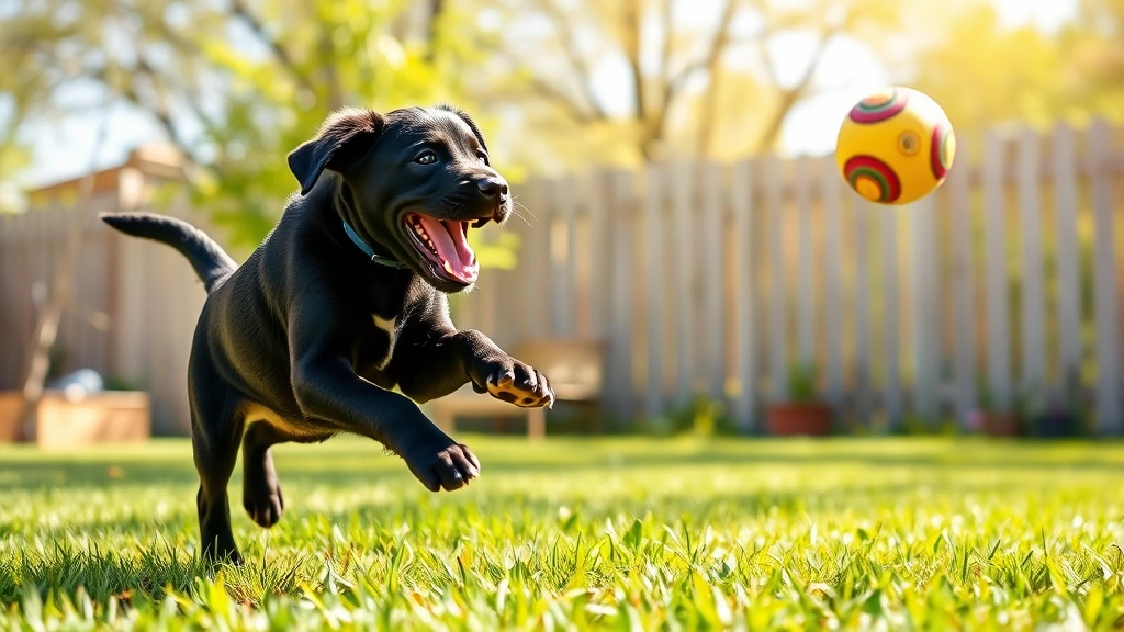 how to get dog to stop barking in crate -
Photorealistic photo of an energetic black labrador puppy playing fetch outdoor