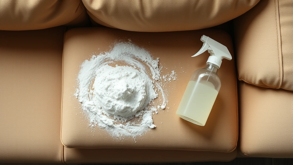 how to get dog urine smell out of couch -
Photorealistic overhead view of baking soda sprinkled across beige upholstered 