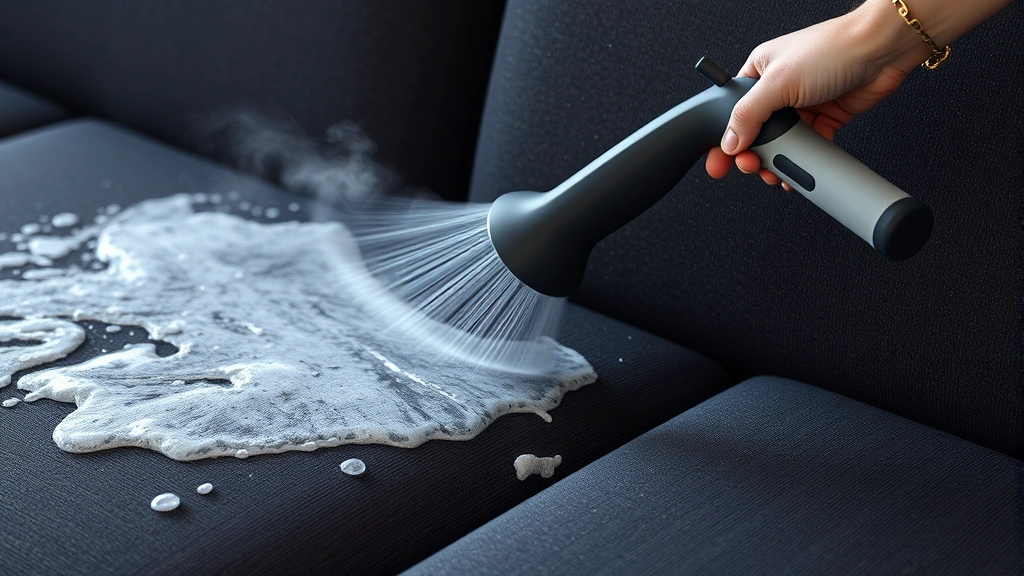 how to get dog urine smell out of couch -
Photorealistic image of professional steam cleaning wand being used on dark fab