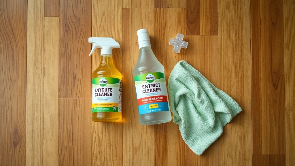 how to get dog urine smell out of hardwood floors -
Photorealistic overhead shot of enzymatic cleaner bottle and supplies arranged 