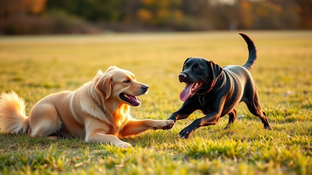 how to get dogs to get along -
A golden retriever and black lab playing together peacefully on a grassy field 