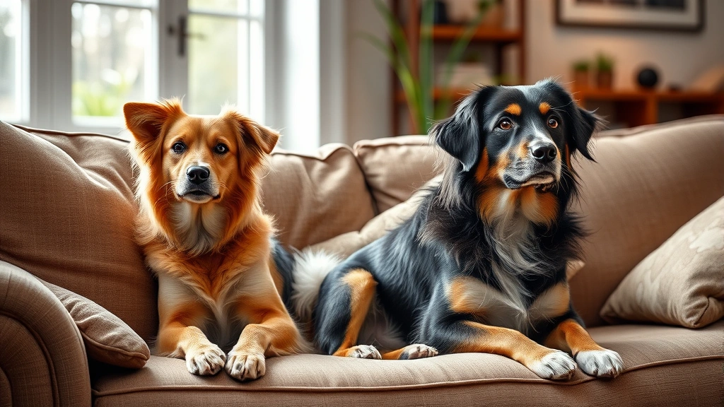 how to get dogs to get along -
Two dogs sitting calmly next to each other indoors on a couch, comfortable and 