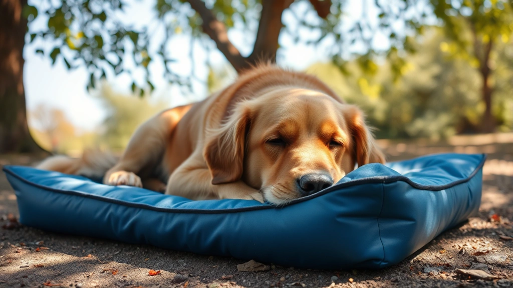 how to get dogs to stop digging -
A tired golden retriever lying peacefully on a cooling gel bed in the shade und