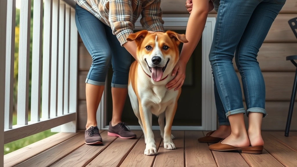 how to get dogs unstuck -
Photorealistic image of two people working together to gently assist a medium-s
