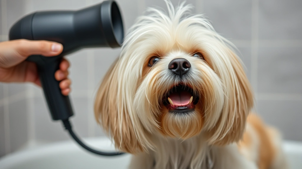 how to get mats out of a dog's hair -
Long-haired dog being blow-dried with high-velocity dryer after bath
