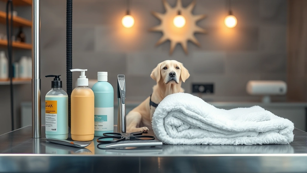 how to get rid of dog scent -
Photorealistic image of a dog grooming station with professional grooming tools