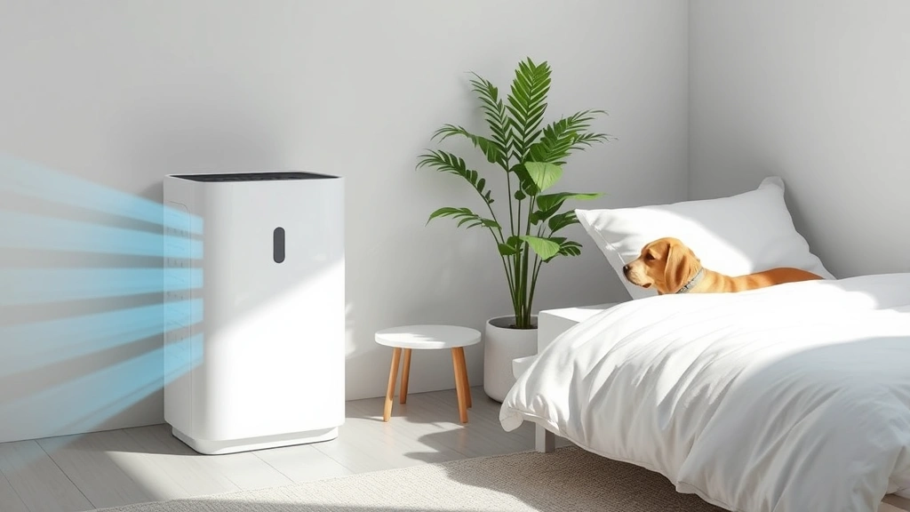 how to get rid of dog scent -
Photorealistic image of a HEPA air purifier running in a bright bedroom corner 