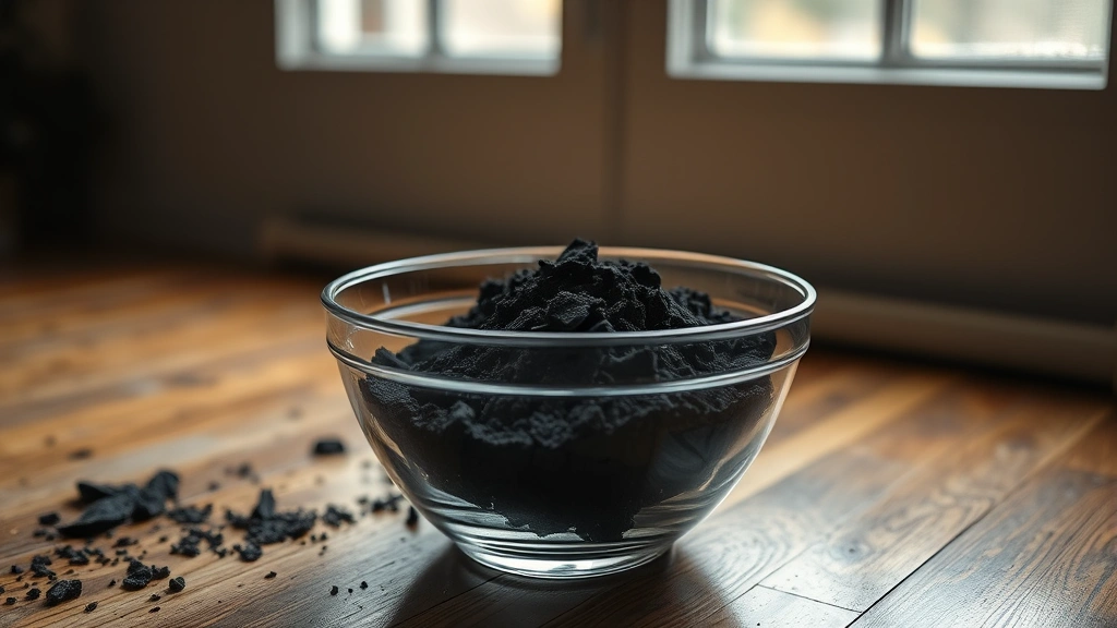 how to get rid of dog urine smell in house -
Photorealistic image of activated charcoal in a glass bowl sitting on a hardwoo