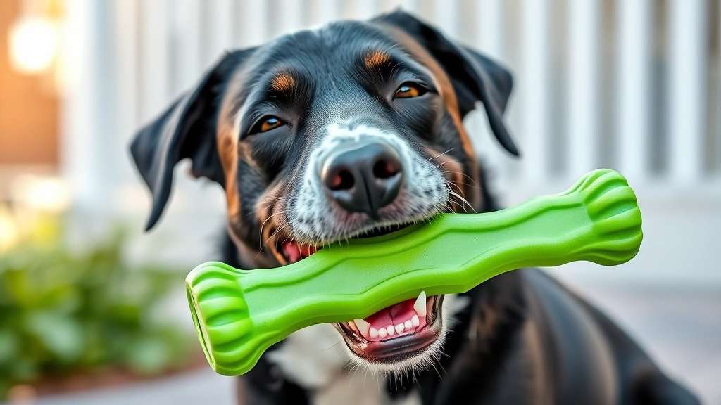 how to get rid of dogs bad breath -
Photorealistic image of a dog happily chewing on a green dental chew toy, with 