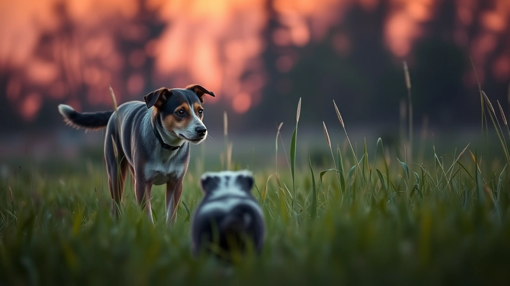 how to get skunk smell off dog -
A curious dog approaching a skunk in tall grass at dusk, photorealistic wildlif