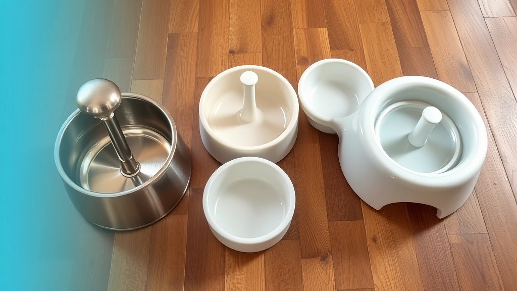 how to get your dog to drink water -
A variety of dog water bowls and fountains arranged on a wooden floor including