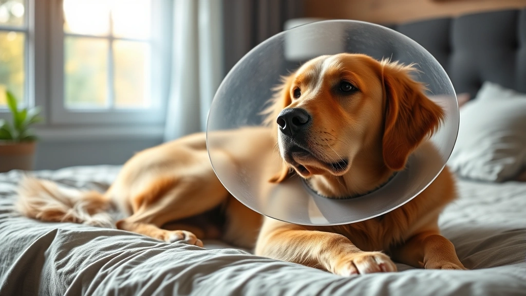 how to heal a dog's cut -
Photorealistic image of a golden retriever wearing a protective cone collar whi