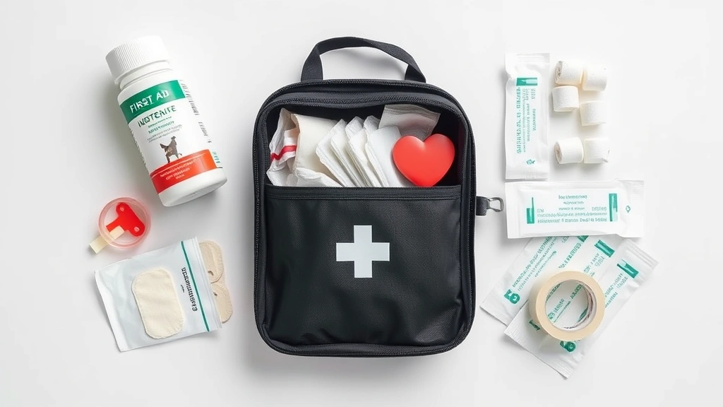 how to heal a dog's cut -
Photorealistic overhead view of a first aid kit for dogs with antibiotic ointme