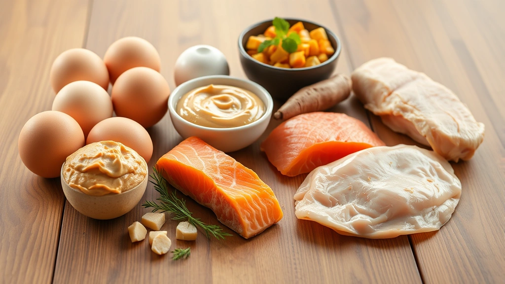 how to help a dog gain weight -
Photorealistic image of various dog-safe foods arranged on a wooden table inclu