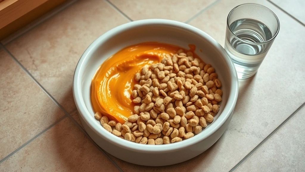 how to help a dog with constipation -
Photorealistic image of a dog’s food bowl containing pumpkin puree and re