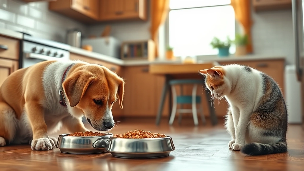 how to introduce a cat to a dog -
Photorealistic image of a dog and cat eating from separate bowls in different c