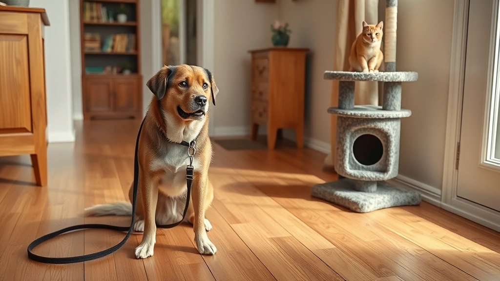 how to introduce a cat to a dog -
Photorealistic image of a leashed dog on a wooden floor and a cat on a cat tree