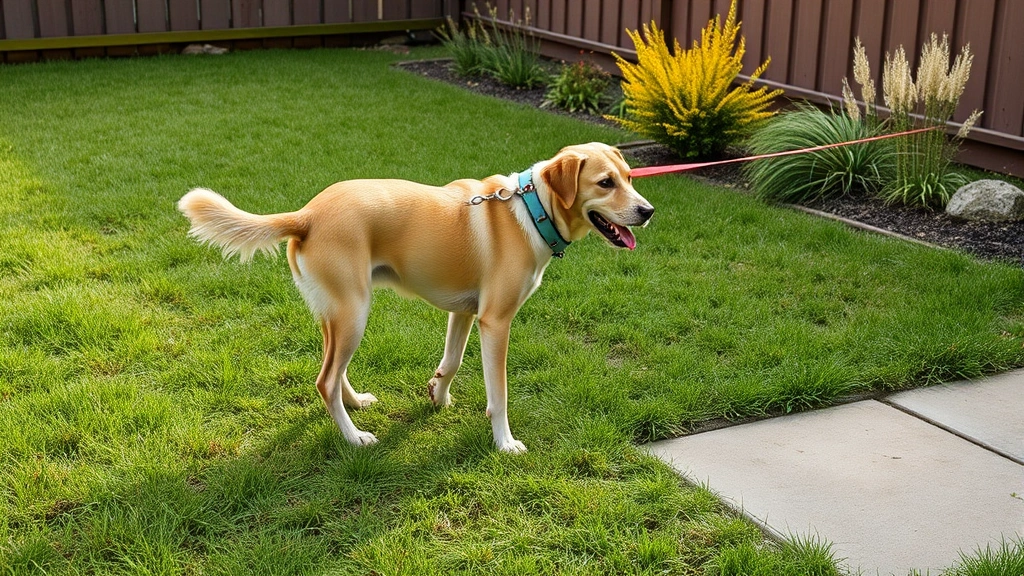 how to keep a dog from pooping in your yard -
Photorealistic image of a dog on a leash during a scheduled outdoor bathroom br