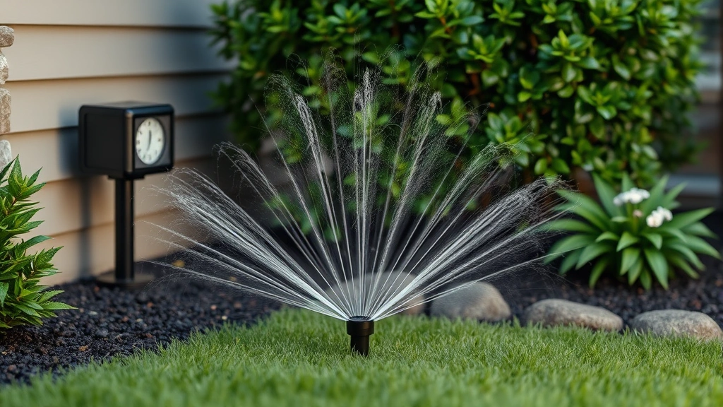 how to keep a dog from pooping in your yard -
Photorealistic image of a motion-activated sprinkler system installed in a yard