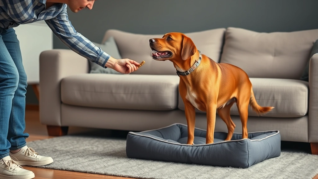 how to keep a dog off of the couch -
A dog owner rewarding their brown dog with a treat while the dog stands on thei