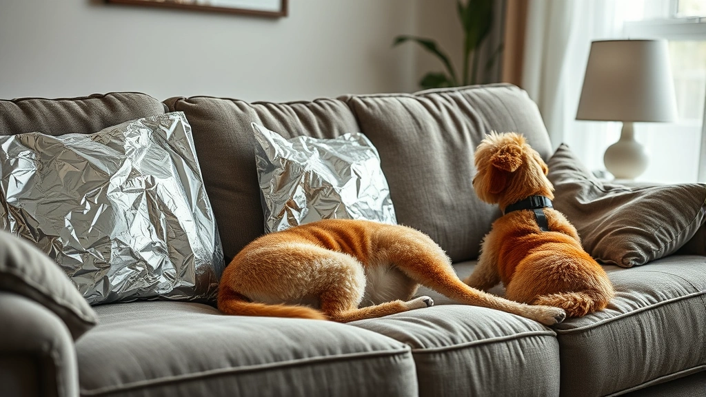 how to keep a dog off of the couch -
A couch with aluminum foil and motion-activated deterrents on cushions, with a 